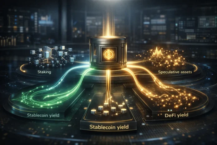 crypto passive income strategies visualization showing multiple income streams like staking, DeFi, and stablecoins generating continuous returns