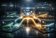 DeFi platforms generate passive income through decentralized finance protocols with blockchain network visualization and yield growth indicators.