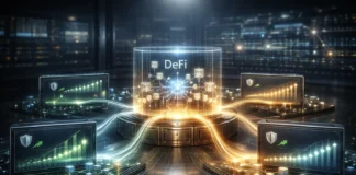 DeFi platforms generate passive income through decentralized finance protocols with blockchain network visualization and yield growth indicators.