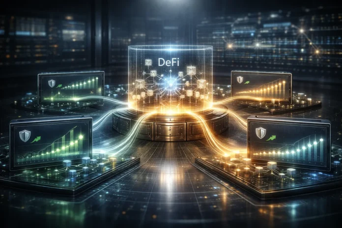 DeFi platforms generate passive income through decentralized finance protocols with blockchain network visualization and yield growth indicators.