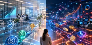 Futuristic financial network showing safe and risky crypto platforms connected through digital pathways, with stablecoins flowing across the system to generate returns.