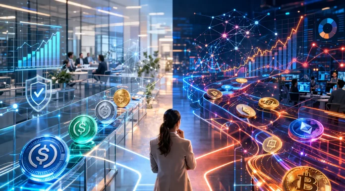 Futuristic financial network showing safe and risky crypto platforms connected through digital pathways, with stablecoins flowing across the system to generate returns.