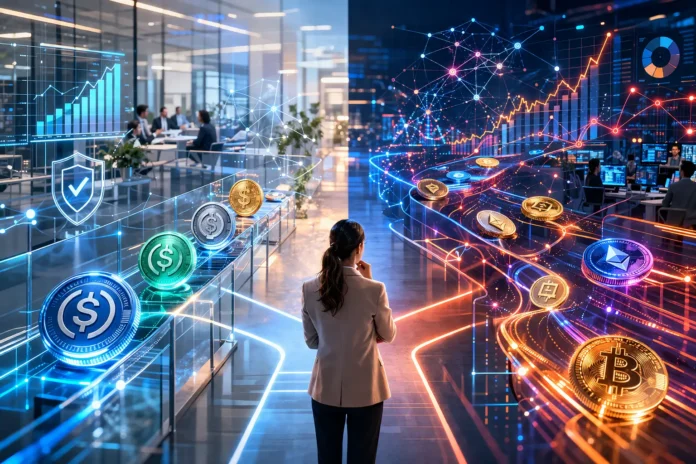 Futuristic financial network showing safe and risky crypto platforms connected through digital pathways, with stablecoins flowing across the system to generate returns.
