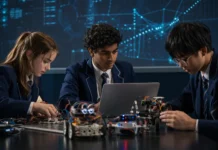 Students in an Australian classroom are working together on coding, robotics, and teamwork projects, representing schools that develop future-ready, career-focused skills.