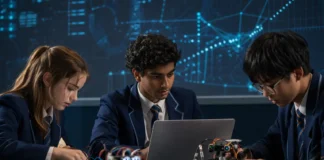 Students in an Australian classroom are working together on coding, robotics, and teamwork projects, representing schools that develop future-ready, career-focused skills.
