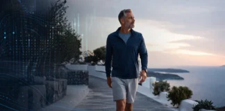 Person walking in a modern outdoor setting, symbolizing vitality, focus, and the life-changing benefits of a daily 20-minute walk.