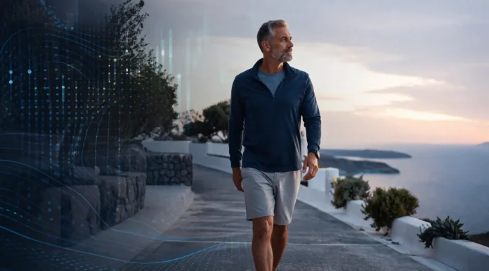 Person walking in a modern outdoor setting, symbolizing vitality, focus, and the life-changing benefits of a daily 20-minute walk.