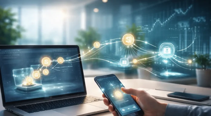 Step-by-step visualization of earning stablecoin yield with digital wallets, crypto platforms, and passive income flow in a financial network