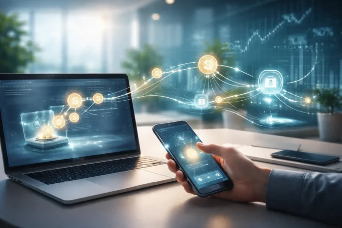 Step-by-step visualization of earning stablecoin yield with digital wallets, crypto platforms, and passive income flow in a financial network