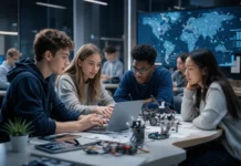 Students engaged in project-based learning, coding, and teamwork, representing schools globally that teach real-world skills for life, work, and personal growth.