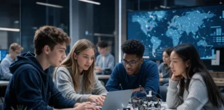 Students engaged in project-based learning, coding, and teamwork, representing schools globally that teach real-world skills for life, work, and personal growth.