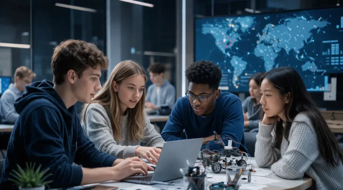 Students engaged in project-based learning, coding, and teamwork, representing schools globally that teach real-world skills for life, work, and personal growth.