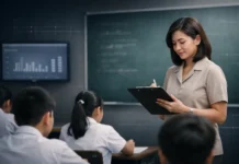 A Philippine public school classroom with a teacher evaluating students, symbolizing teacher accountability and performance assessment.