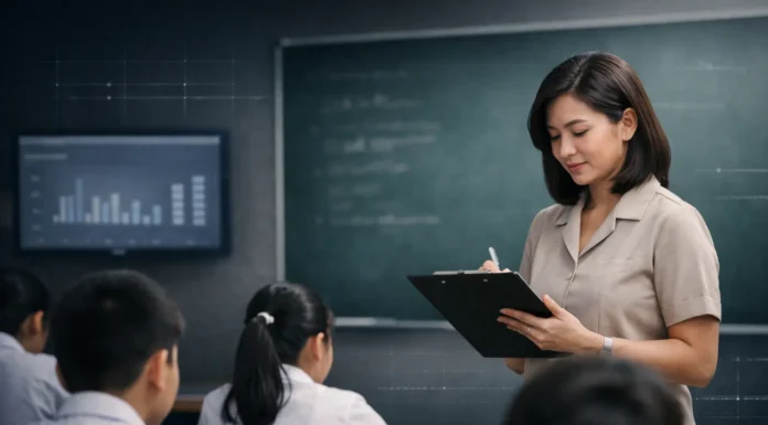 A Philippine public school classroom with a teacher evaluating students, symbolizing teacher accountability and performance assessment.