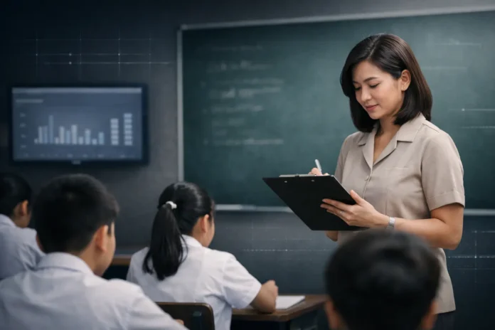 A Philippine public school classroom with a teacher evaluating students, symbolizing teacher accountability and performance assessment.