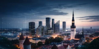 Estonia and its modern skyline in Tallinn, enriched with digital cues, tell the story of a high-tech nation navigating economic and social pressures.