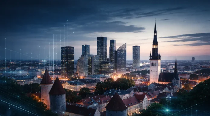 Estonia and its modern skyline in Tallinn, enriched with digital cues, tell the story of a high-tech nation navigating economic and social pressures.