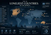 The 10 Loneliest Countries in the World World map showing the 10 loneliest countries with data overlays and social isolation indicators