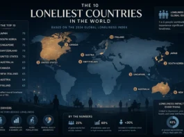 World map showing the 10 loneliest countries with data overlays and social isolation indicators