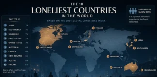 World map showing the 10 loneliest countries with data overlays and social isolation indicators