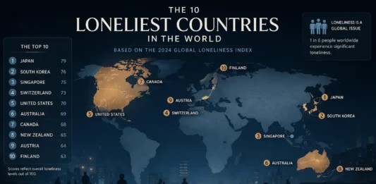 World map showing the 10 loneliest countries with data overlays and social isolation indicators