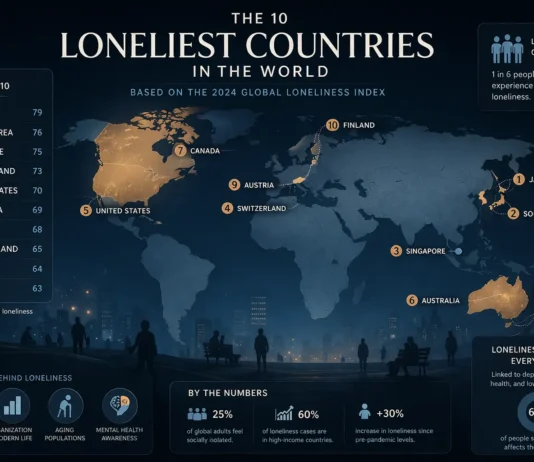 World map showing the 10 loneliest countries with data overlays and social isolation indicators