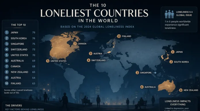 World map showing the 10 loneliest countries with data overlays and social isolation indicators