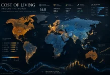 The Ultimate Guide to Cost of Living Around the World World map showing cost of living comparison with financial data overlays and currency symbols
