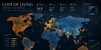 World map showing cost of living comparison with financial data overlays and currency symbols
