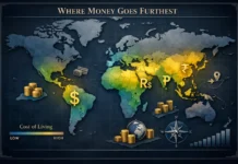 Top 10 Best Countries Where Your Money Goes the Farthest World map showing the top countries where money goes furthest, with cost of living and purchasing power indicators