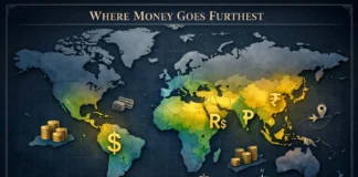 World map showing the top countries where money goes furthest, with cost of living and purchasing power indicators