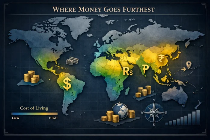 World map showing the top countries where money goes furthest, with cost of living and purchasing power indicators