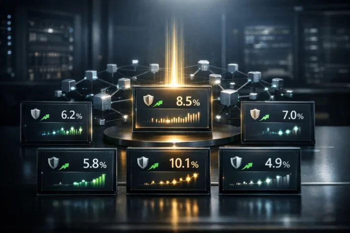 Crypto staking platforms comparison showing safety, yield, and blockchain-based passive income systems in a modern digital finance environment
