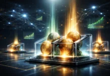 Cryptocurrency staking illustration showing passive income rewards, blockchain networks, and digital assets growing over time