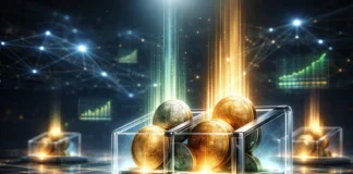 Cryptocurrency staking illustration showing passive income rewards, blockchain networks, and digital assets growing over time