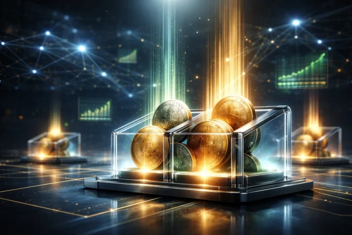 Cryptocurrency staking illustration showing passive income rewards, blockchain networks, and digital assets growing over time