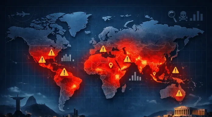 A data-driven world map highlighting countries with the highest crime rates using heatmap visualization and analytical overlays.