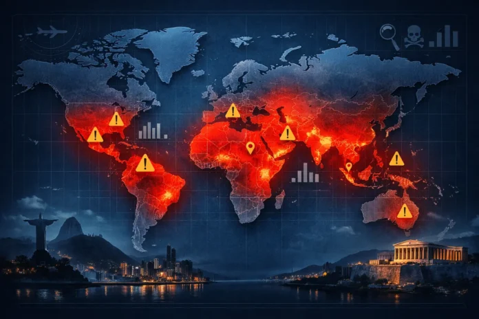 A data-driven world map highlighting countries with the highest crime rates using heatmap visualization and analytical overlays.