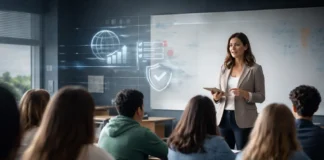 Global classroom scene with students and teachers, illustrating school bullying statistics, prevention, and teacher accountability in an international context.