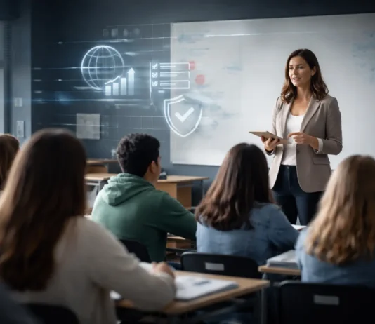 Global classroom scene with students and teachers, illustrating school bullying statistics, prevention, and teacher accountability in an international context.