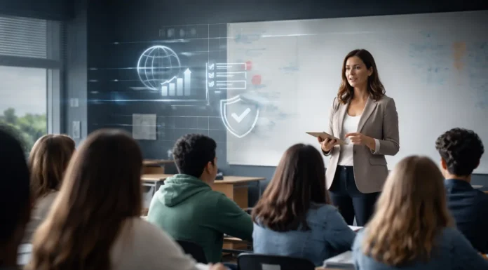Global classroom scene with students and teachers, illustrating school bullying statistics, prevention, and teacher accountability in an international context.