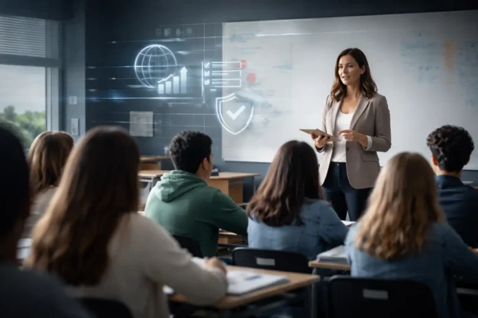 Global classroom scene with students and teachers, illustrating school bullying statistics, prevention, and teacher accountability in an international context.