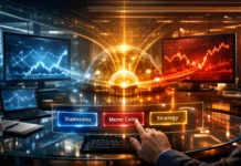 Illustration of top meme coins ranked by popularity and market potential with digital coins, charts, and viral crypto market movement