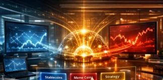 Illustration of top meme coins ranked by popularity and market potential with digital coins, charts, and viral crypto market movement