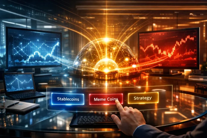 Illustration of top meme coins ranked by popularity and market potential with digital coins, charts, and viral crypto market movement