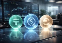 Illustration of stablecoins such as USDT and USDC flowing through a digital network, enabling passive income through yield generation.