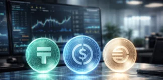 Illustration of stablecoins such as USDT and USDC flowing through a digital network, enabling passive income through yield generation.