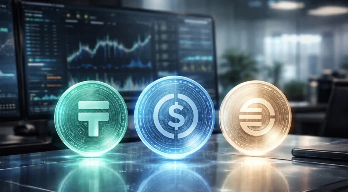 Illustration of stablecoins such as USDT and USDC flowing through a digital network, enabling passive income through yield generation.