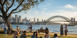 People in Australia enjoy outdoor activities together, representing a multicultural society, relaxed lifestyle, and strong community values.