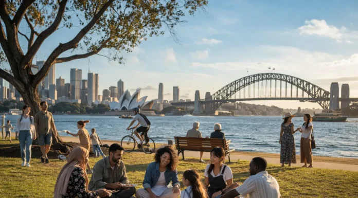People in Australia enjoy outdoor activities together, representing a multicultural society, relaxed lifestyle, and strong community values.